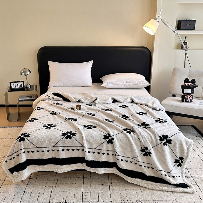沐棉家居 2025新款双层提花羊羔绒毛毯毯子 爱心花朵