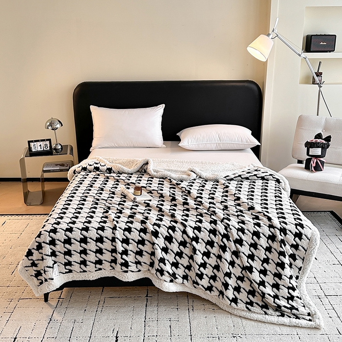 沐棉家居 2025新款双层提花羊羔绒毛毯毯子 千鸟格