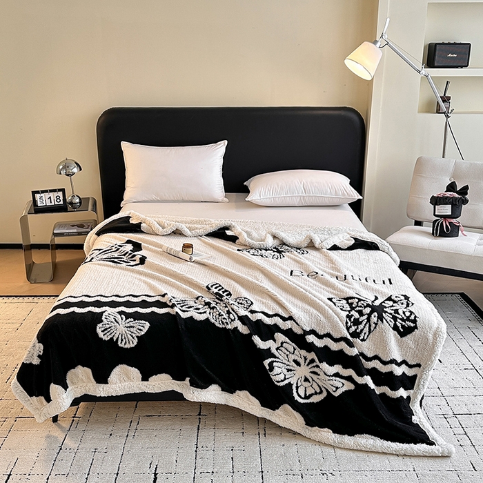 沐棉家居 2025新款双层提花羊羔绒毛毯毯子 英文蝴蝶
