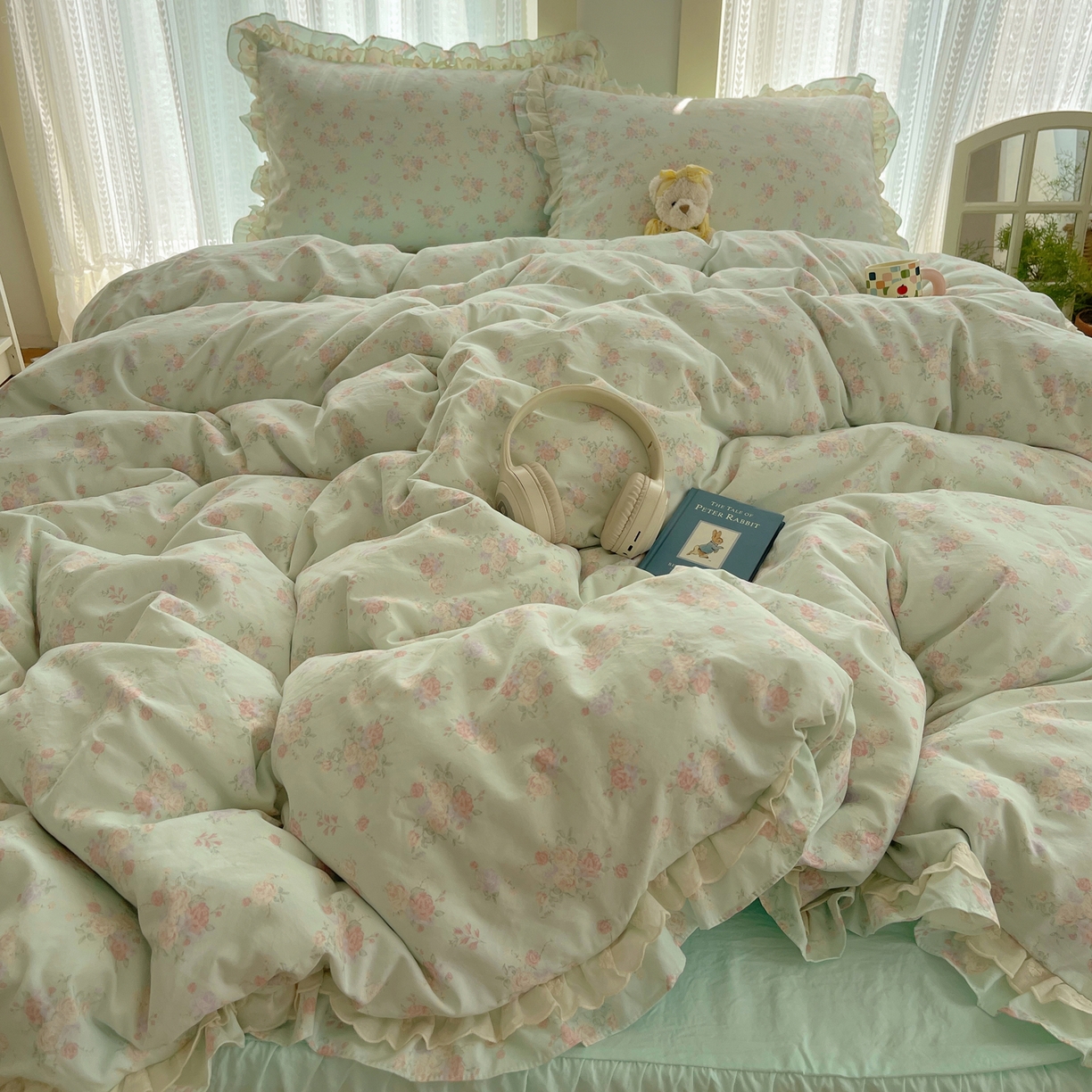 91家纺网 家纺一手货源 找家纺 （总）轻奢坊 2025新款双层花边仙仙碎花水洗棉四件套