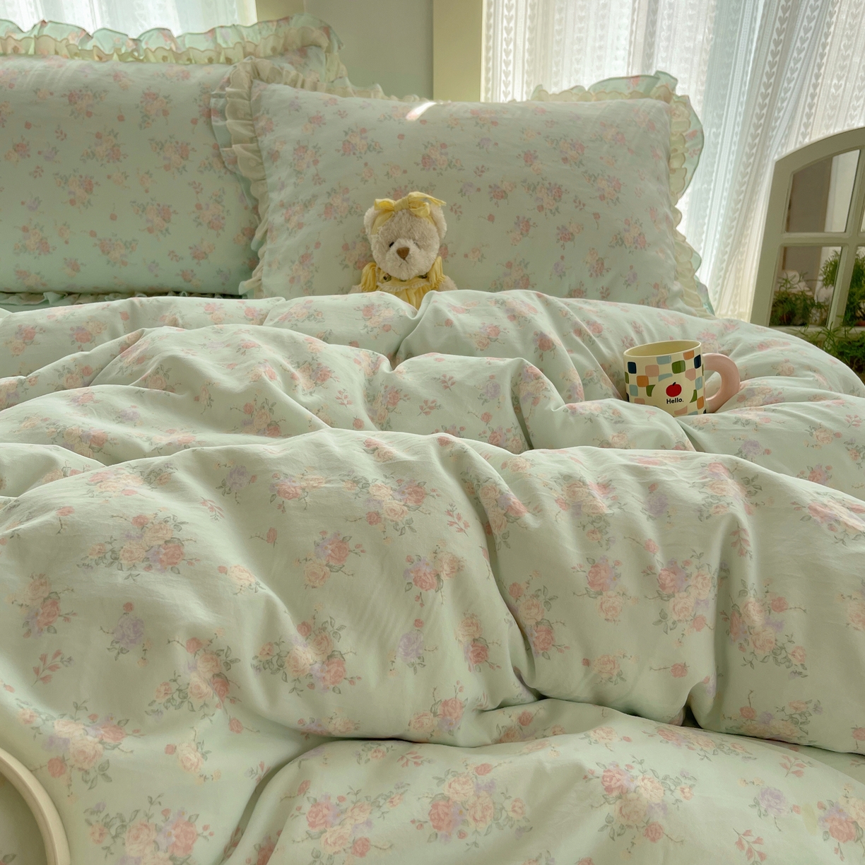 91家纺网 家纺一手货源 找家纺 （总）轻奢坊 2025新款双层花边仙仙碎花水洗棉四件套