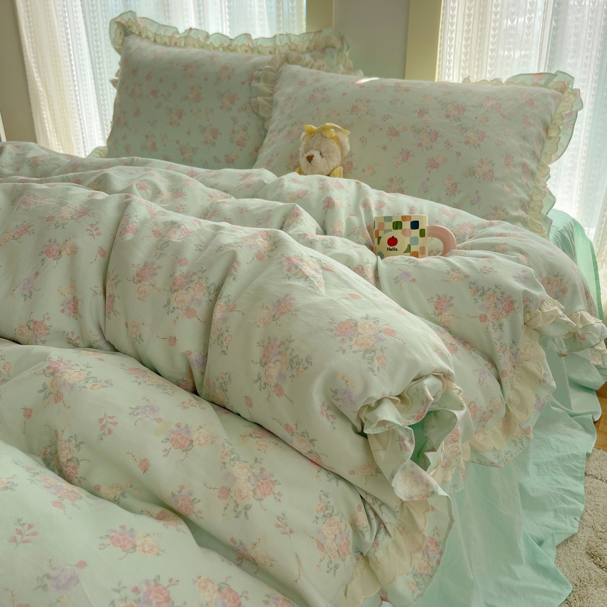 91家纺网 家纺一手货源 找家纺 （总）轻奢坊 2025新款双层花边仙仙碎花水洗棉四件套