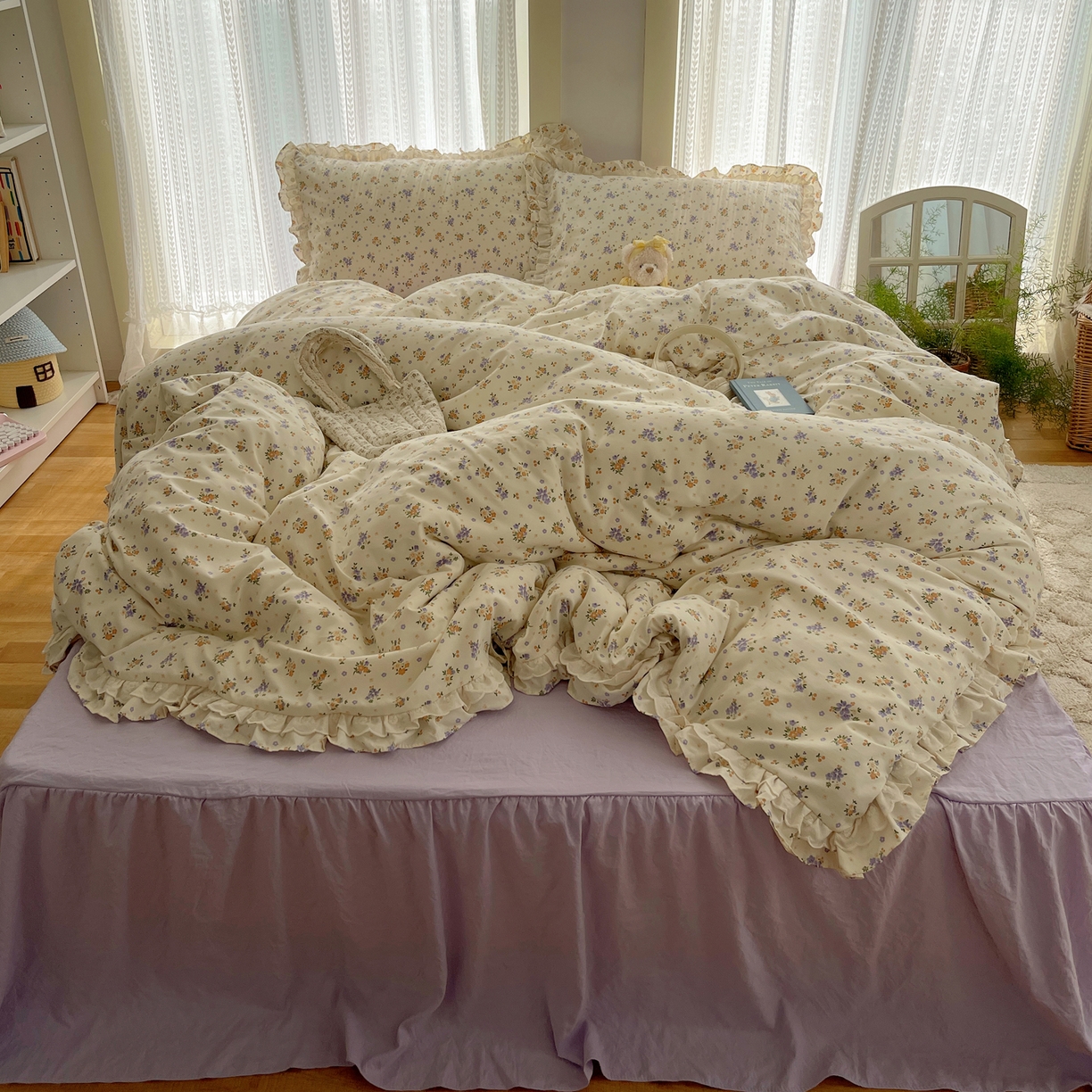 91家纺网 家纺一手货源 找家纺 （总）轻奢坊 2025新款双层花边仙仙碎花水洗棉四件套