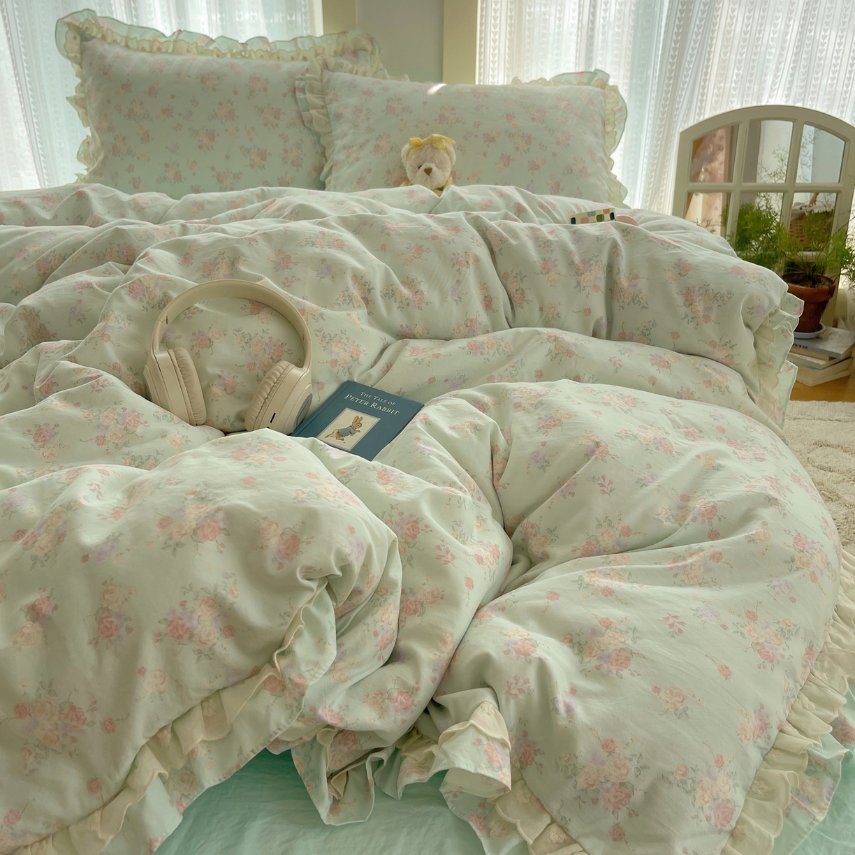 91家纺网 家纺一手货源 找家纺 轻奢坊 2025新款双层花边仙仙碎花水洗棉四件套 花信风