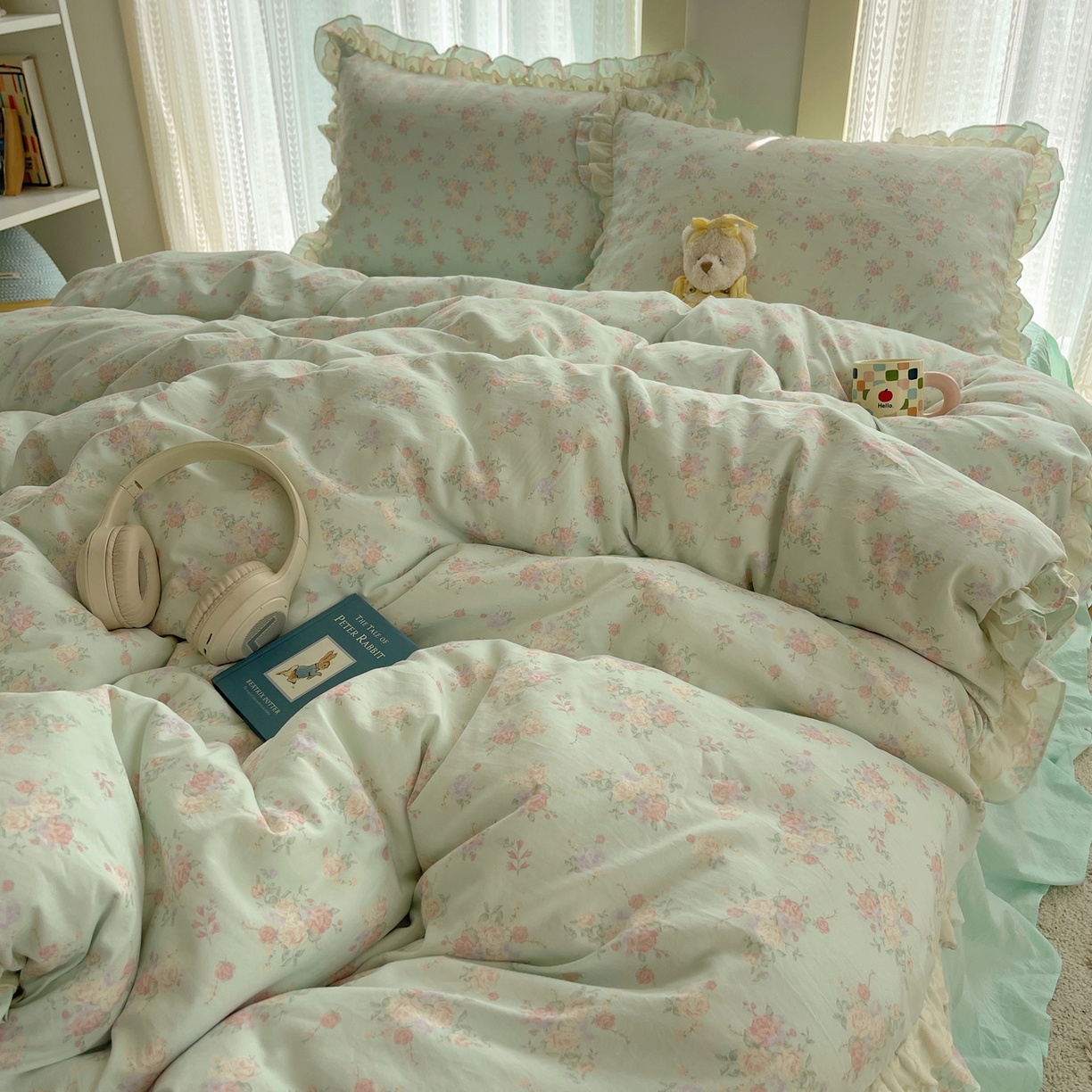 91家纺网 家纺一手货源 找家纺 轻奢坊 2025新款双层花边仙仙碎花水洗棉四件套 花信风