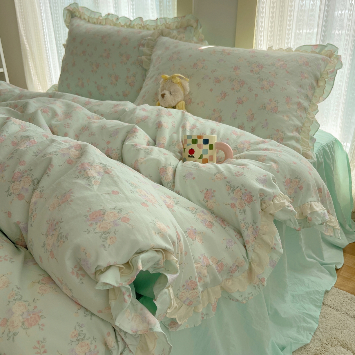 91家纺网 家纺一手货源 找家纺 轻奢坊 2025新款双层花边仙仙碎花水洗棉四件套 花信风