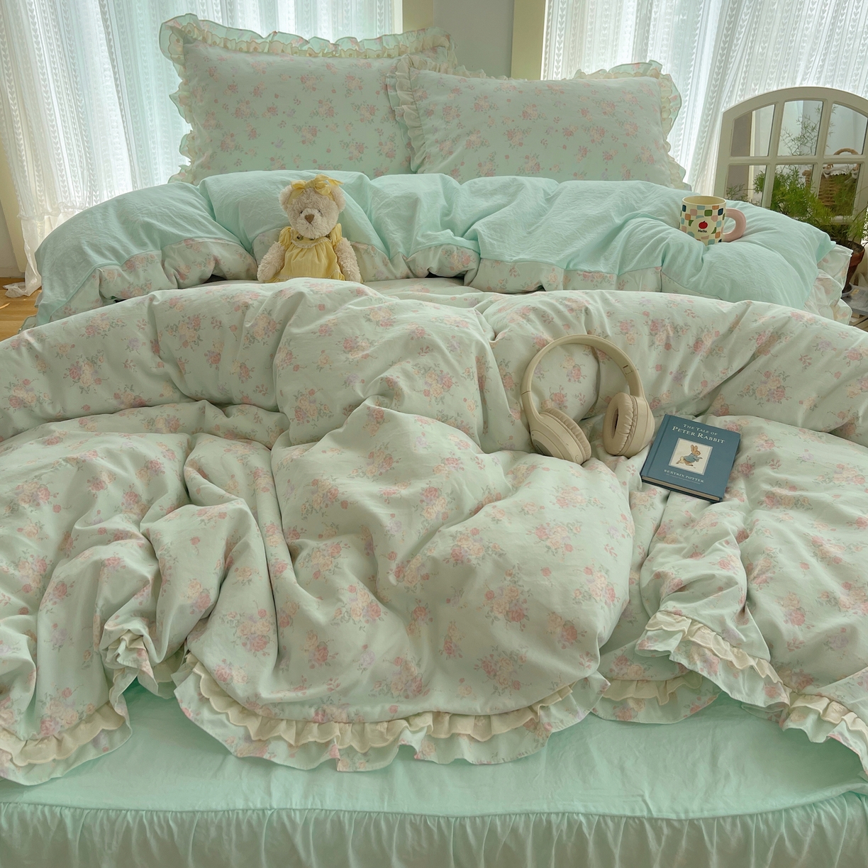 91家纺网 家纺一手货源 找家纺 轻奢坊 2025新款双层花边仙仙碎花水洗棉四件套 花信风