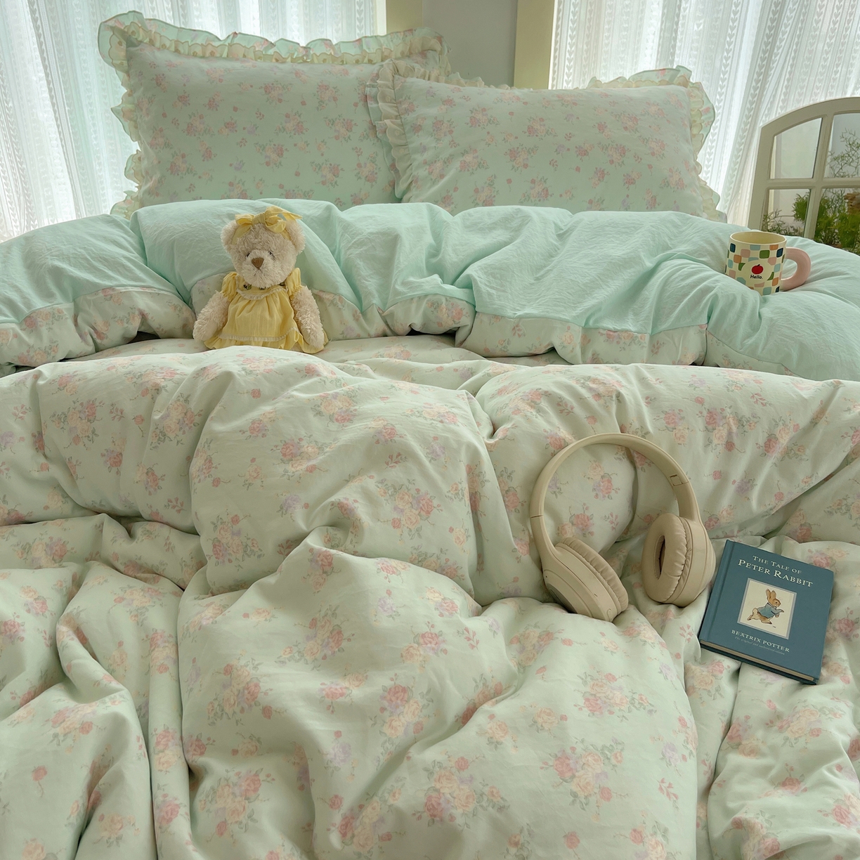 91家纺网 家纺一手货源 找家纺 轻奢坊 2025新款双层花边仙仙碎花水洗棉四件套 花信风