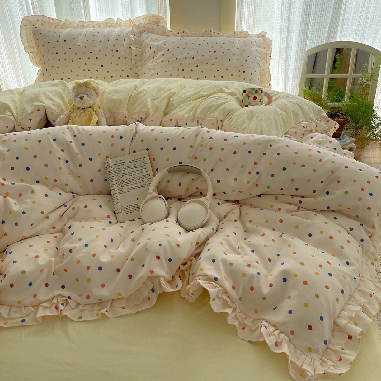 91家纺网 家纺一手货源 找家纺 轻奢坊 2025新款双层花边仙仙碎花水洗棉四件套 彩点