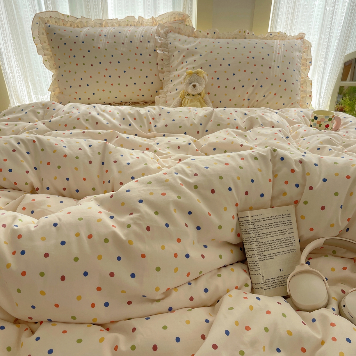 91家纺网 家纺一手货源 找家纺 轻奢坊 2025新款双层花边仙仙碎花水洗棉四件套 彩点