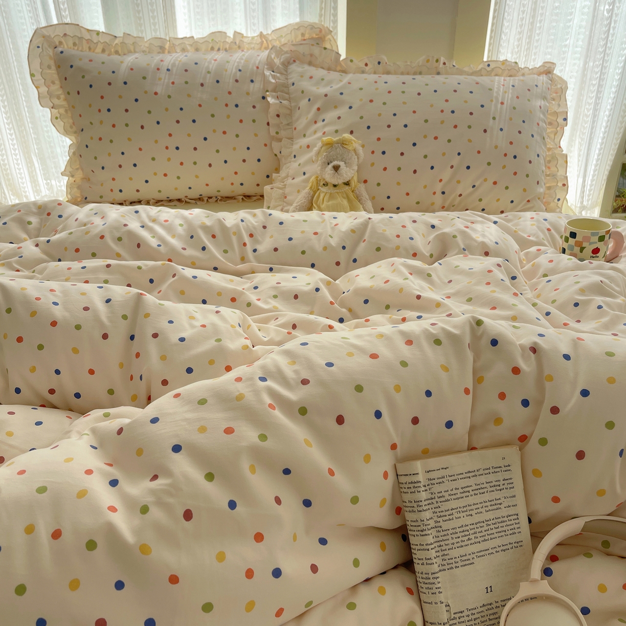 91家纺网 家纺一手货源 找家纺 轻奢坊 2025新款双层花边仙仙碎花水洗棉四件套 彩点