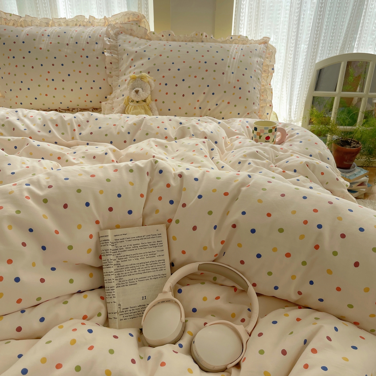 91家纺网 家纺一手货源 找家纺 轻奢坊 2025新款双层花边仙仙碎花水洗棉四件套 彩点