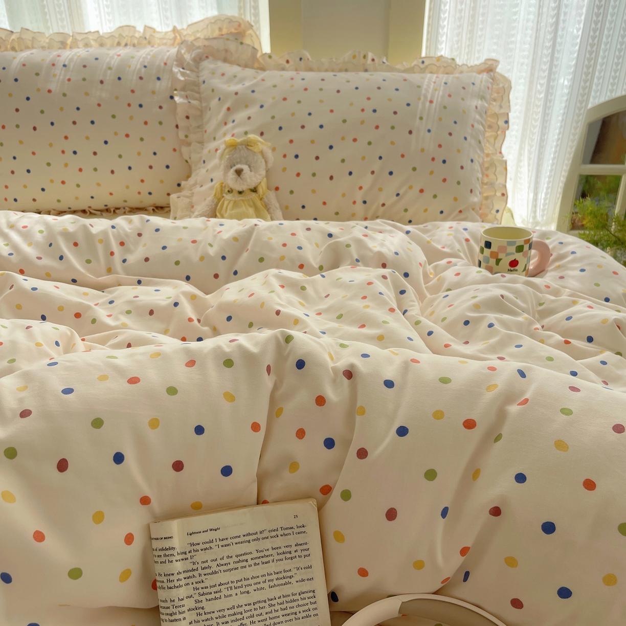 91家纺网 家纺一手货源 找家纺 轻奢坊 2025新款双层花边仙仙碎花水洗棉四件套 彩点