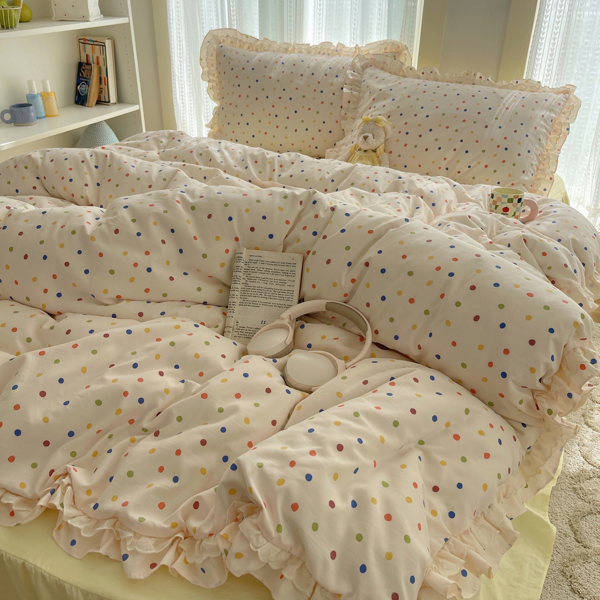 91家纺网 家纺一手货源 找家纺 轻奢坊 2025新款双层花边仙仙碎花水洗棉四件套 彩点