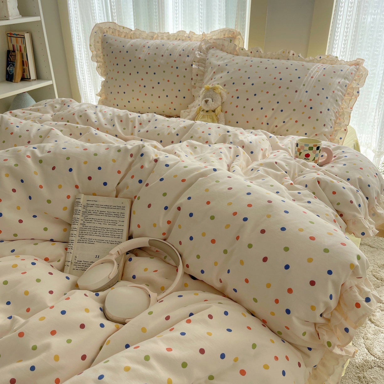 91家纺网 家纺一手货源 找家纺 轻奢坊 2025新款双层花边仙仙碎花水洗棉四件套 彩点