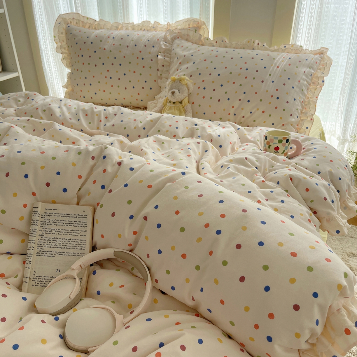 91家纺网 家纺一手货源 找家纺 轻奢坊 2025新款双层花边仙仙碎花水洗棉四件套 彩点