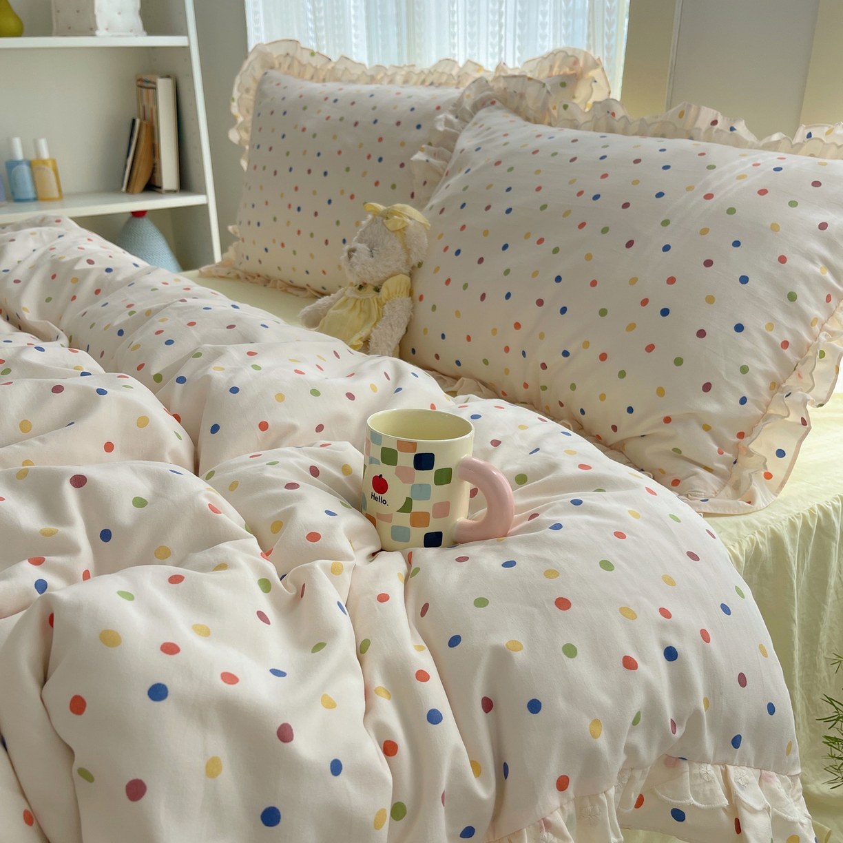 91家纺网 家纺一手货源 找家纺 轻奢坊 2025新款双层花边仙仙碎花水洗棉四件套 彩点