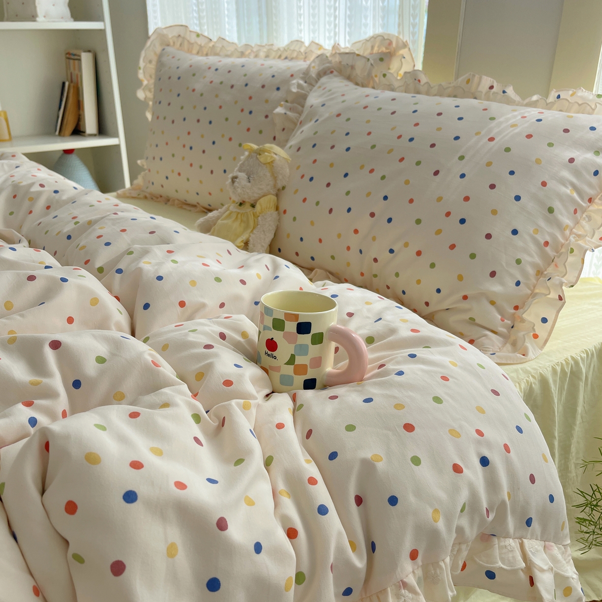 91家纺网 家纺一手货源 找家纺 轻奢坊 2025新款双层花边仙仙碎花水洗棉四件套 彩点