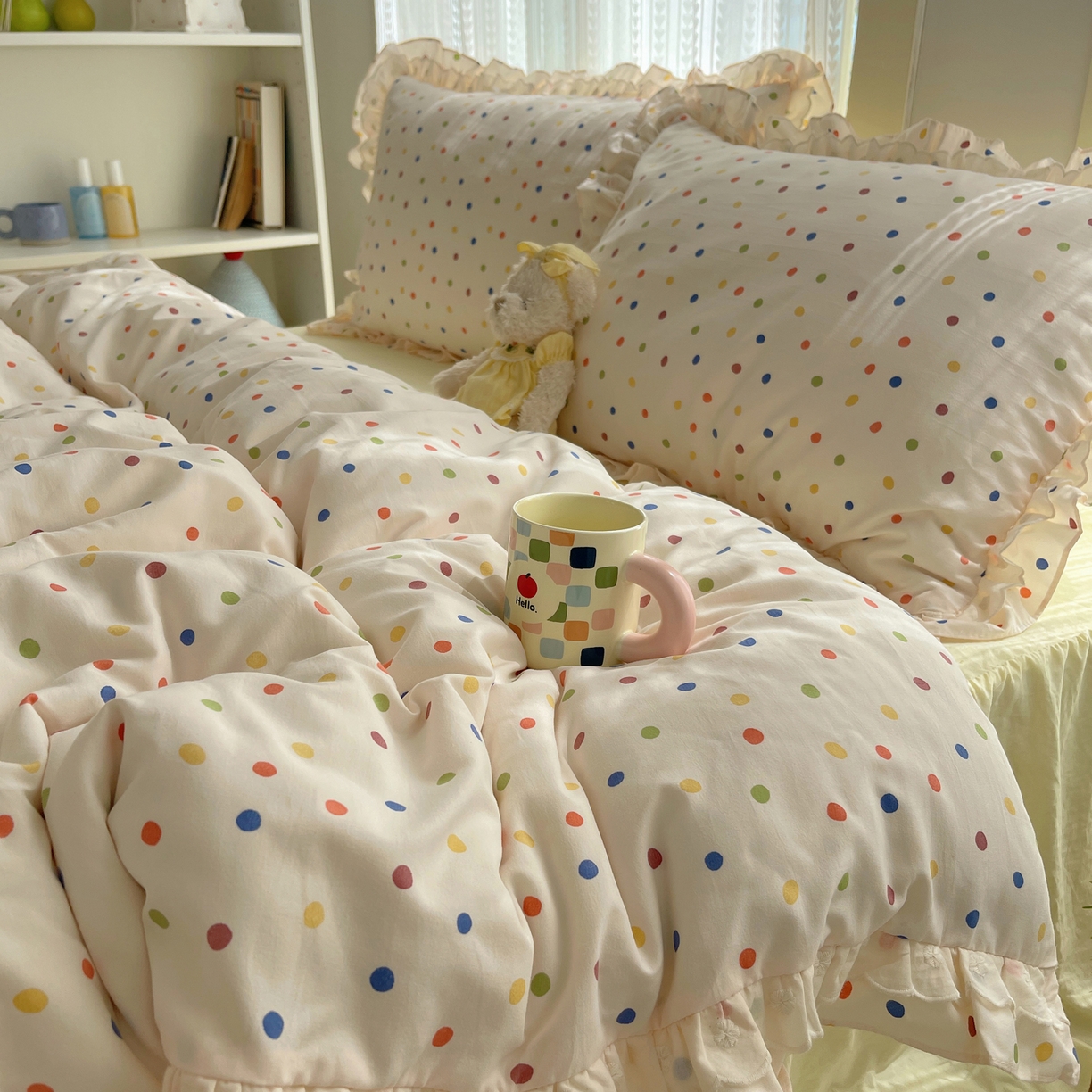 91家纺网 家纺一手货源 找家纺 轻奢坊 2025新款双层花边仙仙碎花水洗棉四件套 彩点