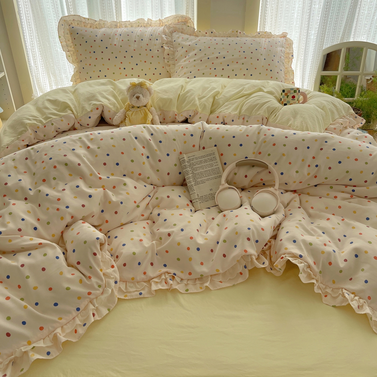 91家纺网 家纺一手货源 找家纺 轻奢坊 2025新款双层花边仙仙碎花水洗棉四件套 彩点