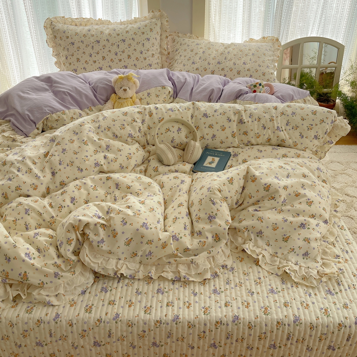 91家纺网 家纺一手货源 找家纺 轻奢坊 2025新款双层花边仙仙碎花水洗棉四件套 芳菲