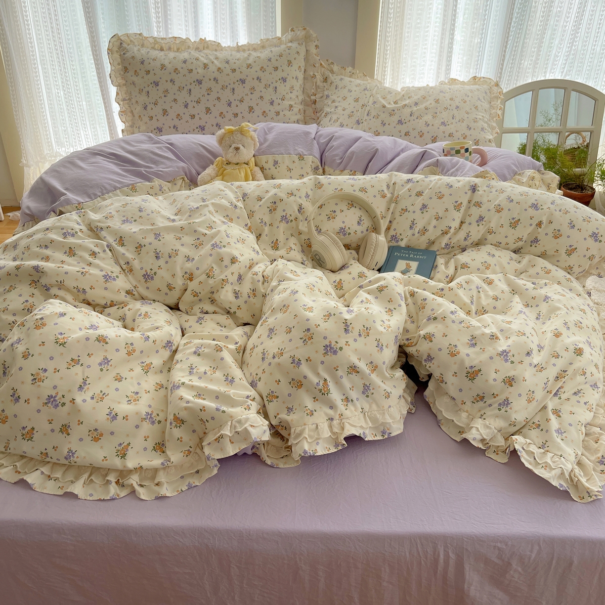 91家纺网 家纺一手货源 找家纺 轻奢坊 2025新款双层花边仙仙碎花水洗棉四件套 芳菲