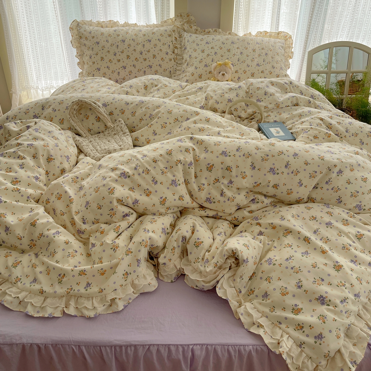 91家纺网 家纺一手货源 找家纺 轻奢坊 2025新款双层花边仙仙碎花水洗棉四件套 芳菲