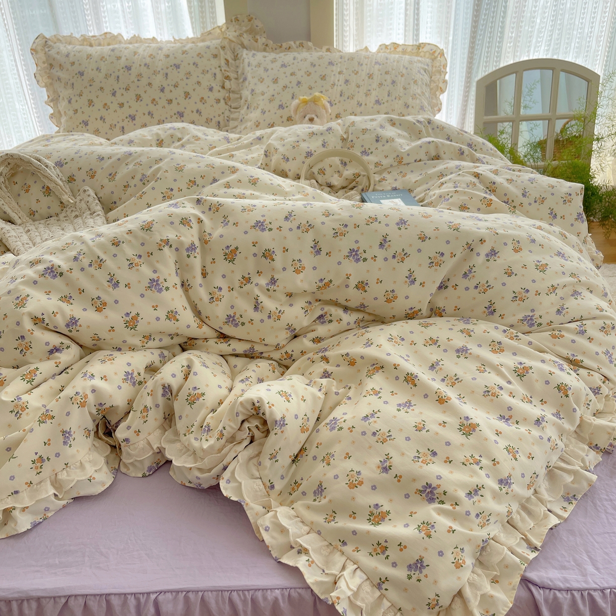 91家纺网 家纺一手货源 找家纺 轻奢坊 2025新款双层花边仙仙碎花水洗棉四件套 芳菲