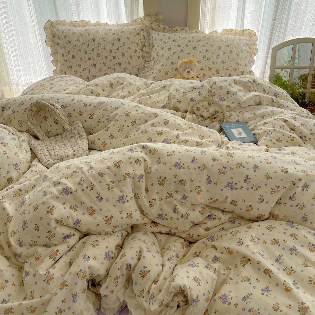 91家纺网 家纺一手货源 找家纺 轻奢坊 2025新款双层花边仙仙碎花水洗棉四件套 芳菲