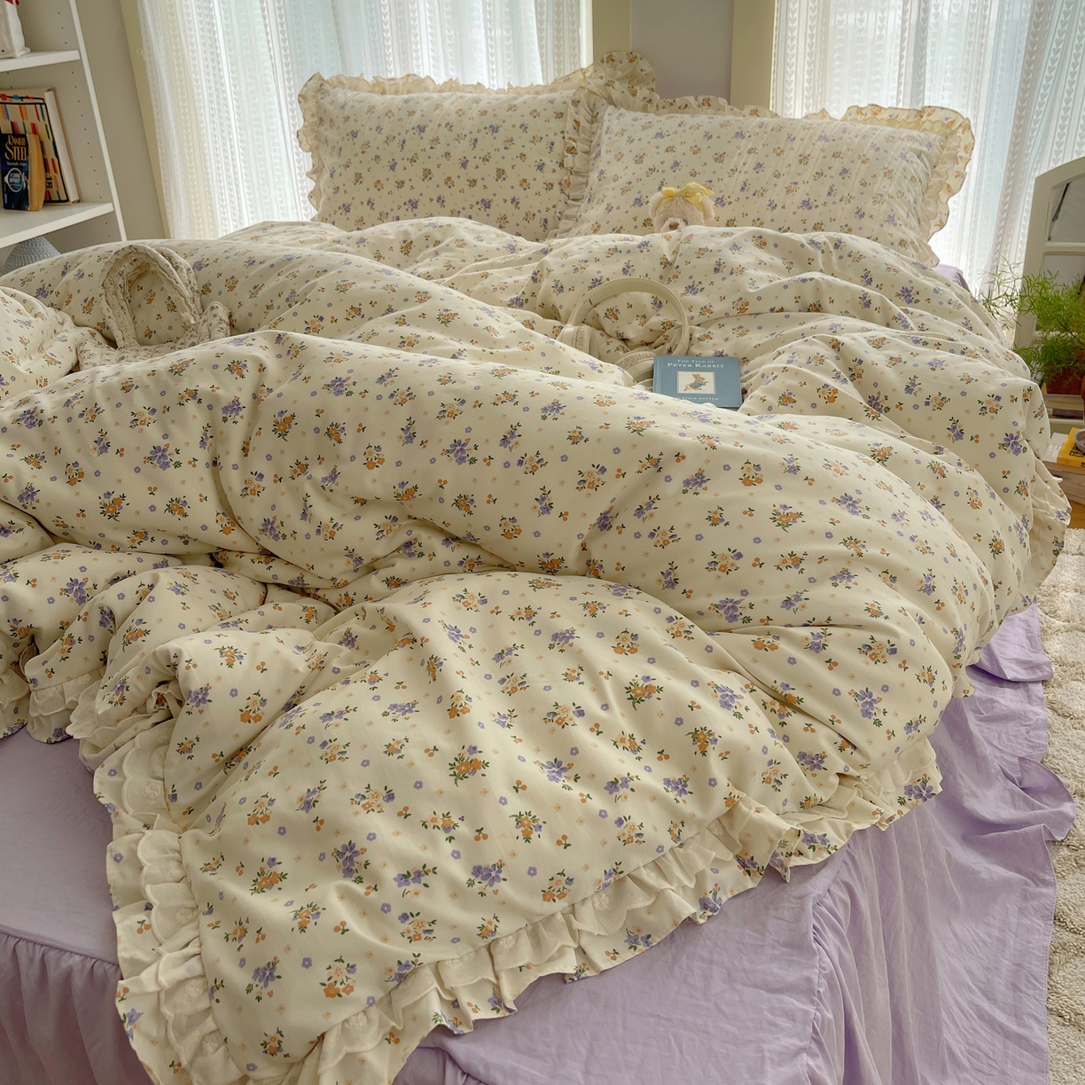 91家纺网 家纺一手货源 找家纺 轻奢坊 2025新款双层花边仙仙碎花水洗棉四件套 芳菲