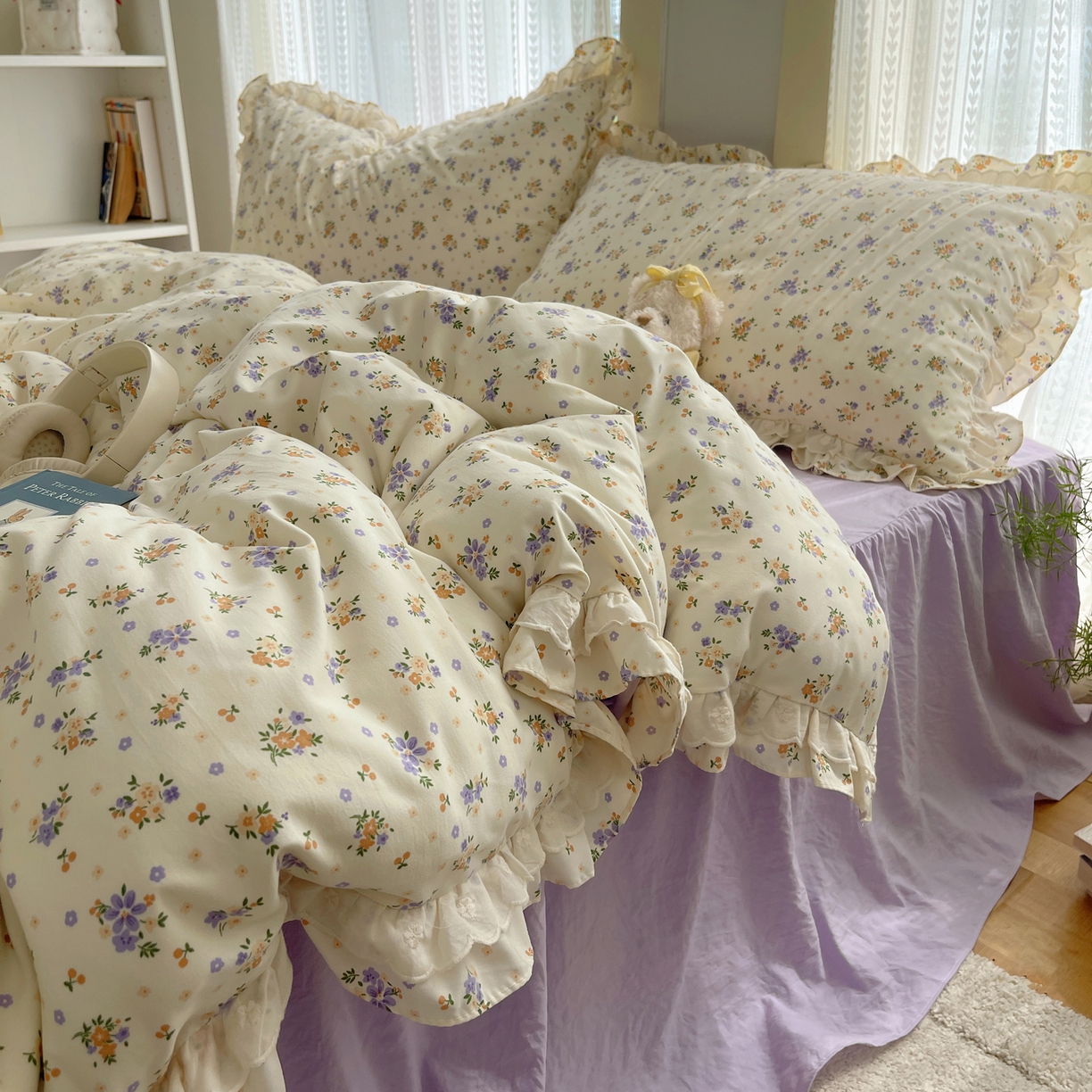 91家纺网 家纺一手货源 找家纺 轻奢坊 2025新款双层花边仙仙碎花水洗棉四件套 芳菲