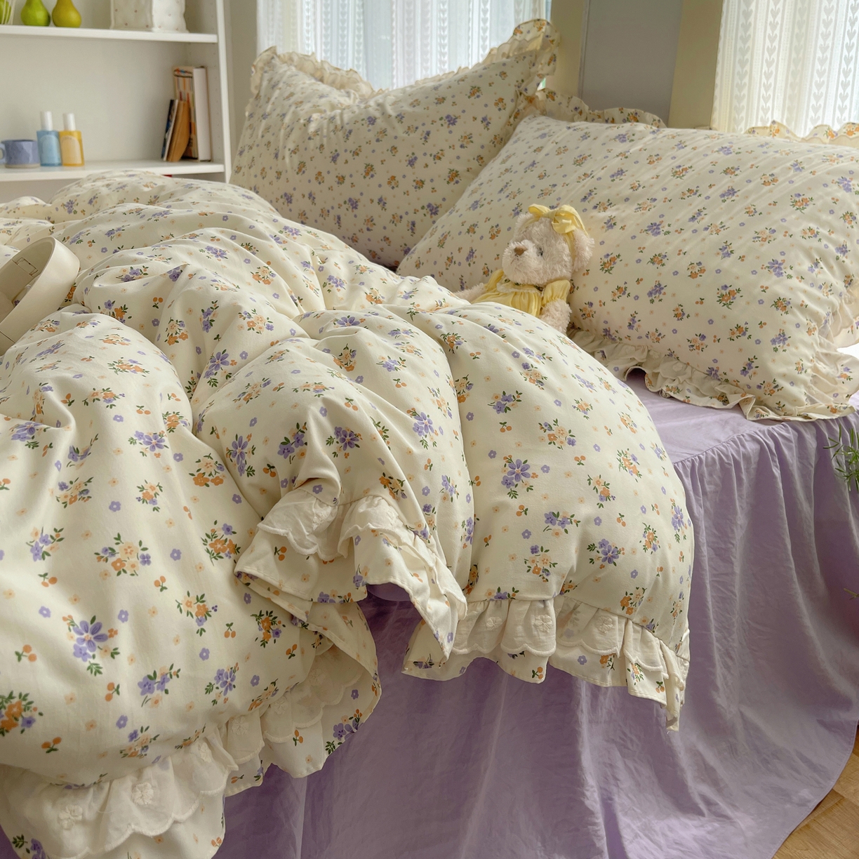 91家纺网 家纺一手货源 找家纺 轻奢坊 2025新款双层花边仙仙碎花水洗棉四件套 芳菲