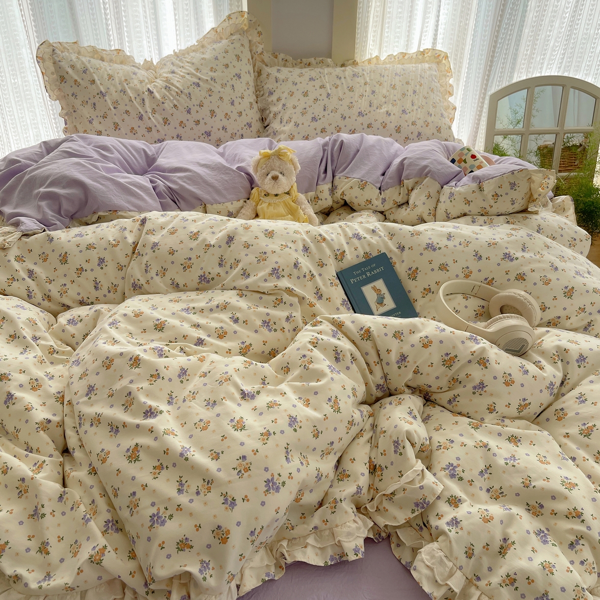 91家纺网 家纺一手货源 找家纺 轻奢坊 2025新款双层花边仙仙碎花水洗棉四件套 芳菲