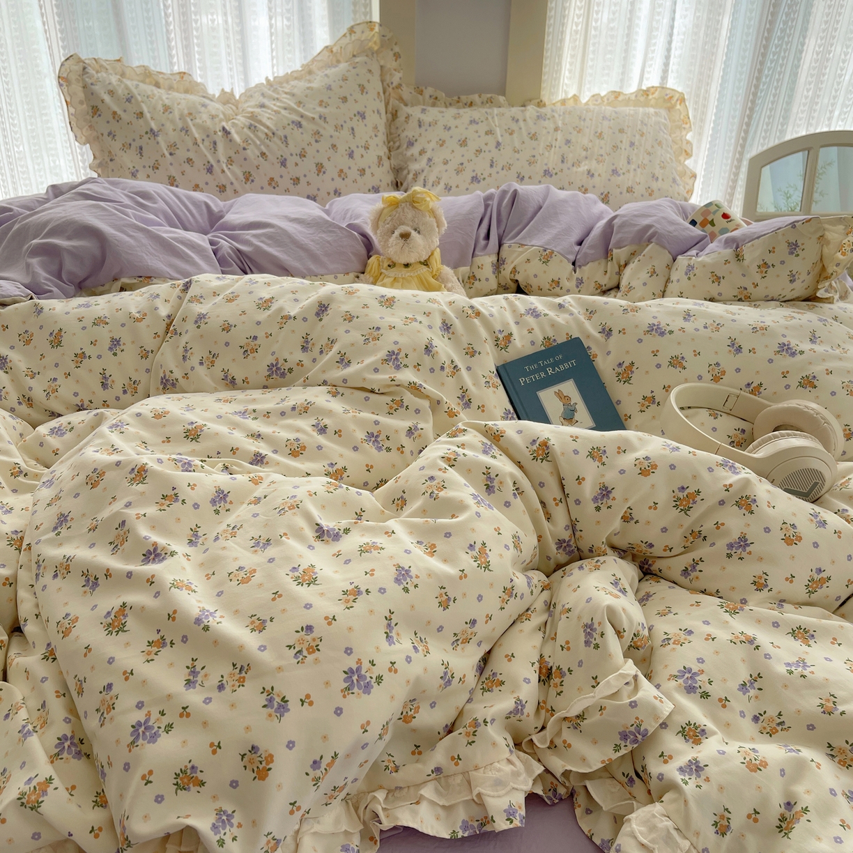 91家纺网 家纺一手货源 找家纺 轻奢坊 2025新款双层花边仙仙碎花水洗棉四件套 芳菲