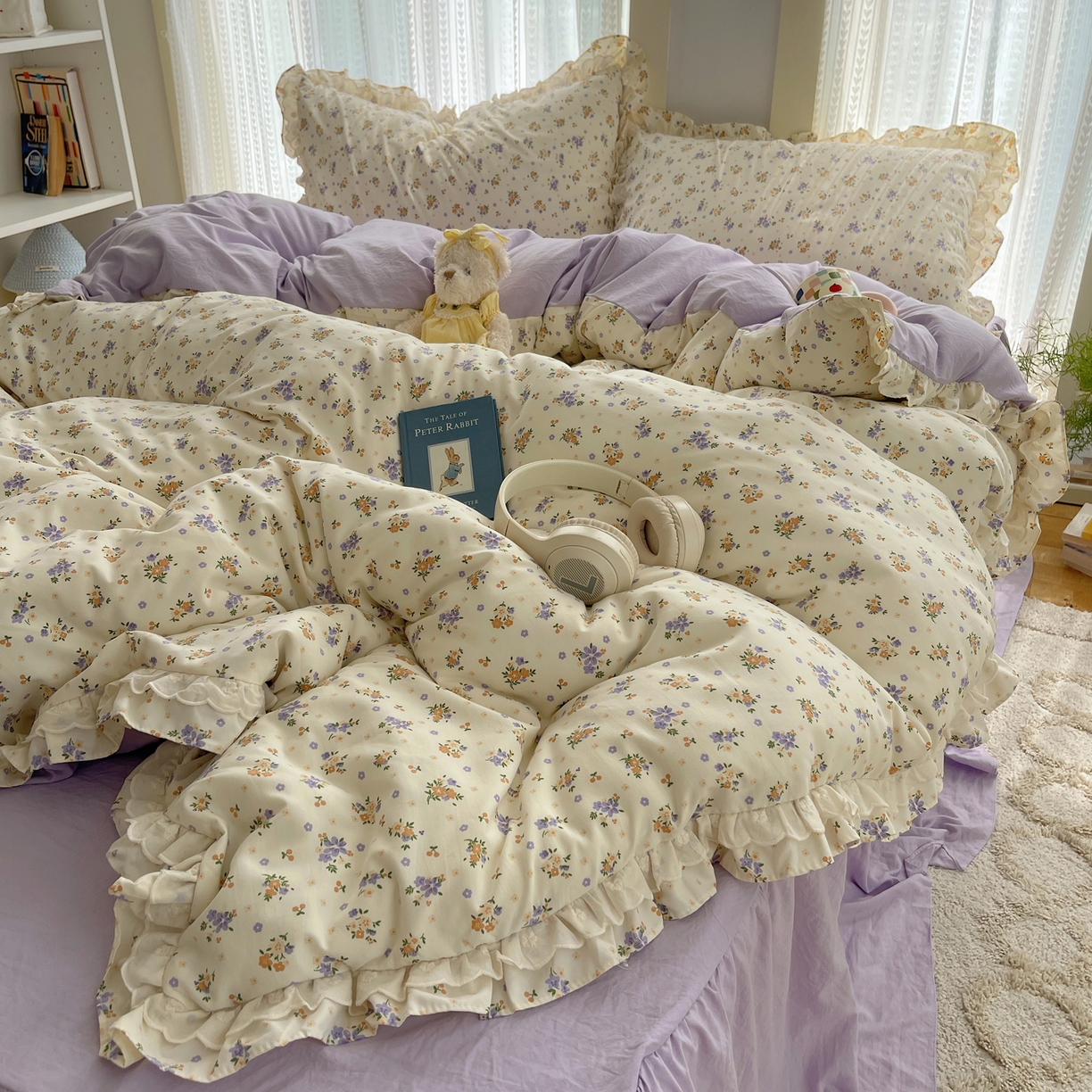 91家纺网 家纺一手货源 找家纺 轻奢坊 2025新款双层花边仙仙碎花水洗棉四件套 芳菲