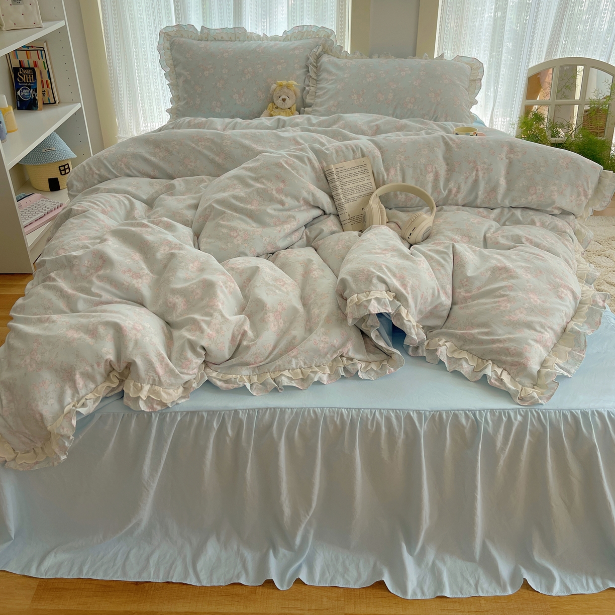 轻奢坊 2025新款双层花边仙仙碎花水洗棉四件套 花开半夏-蓝