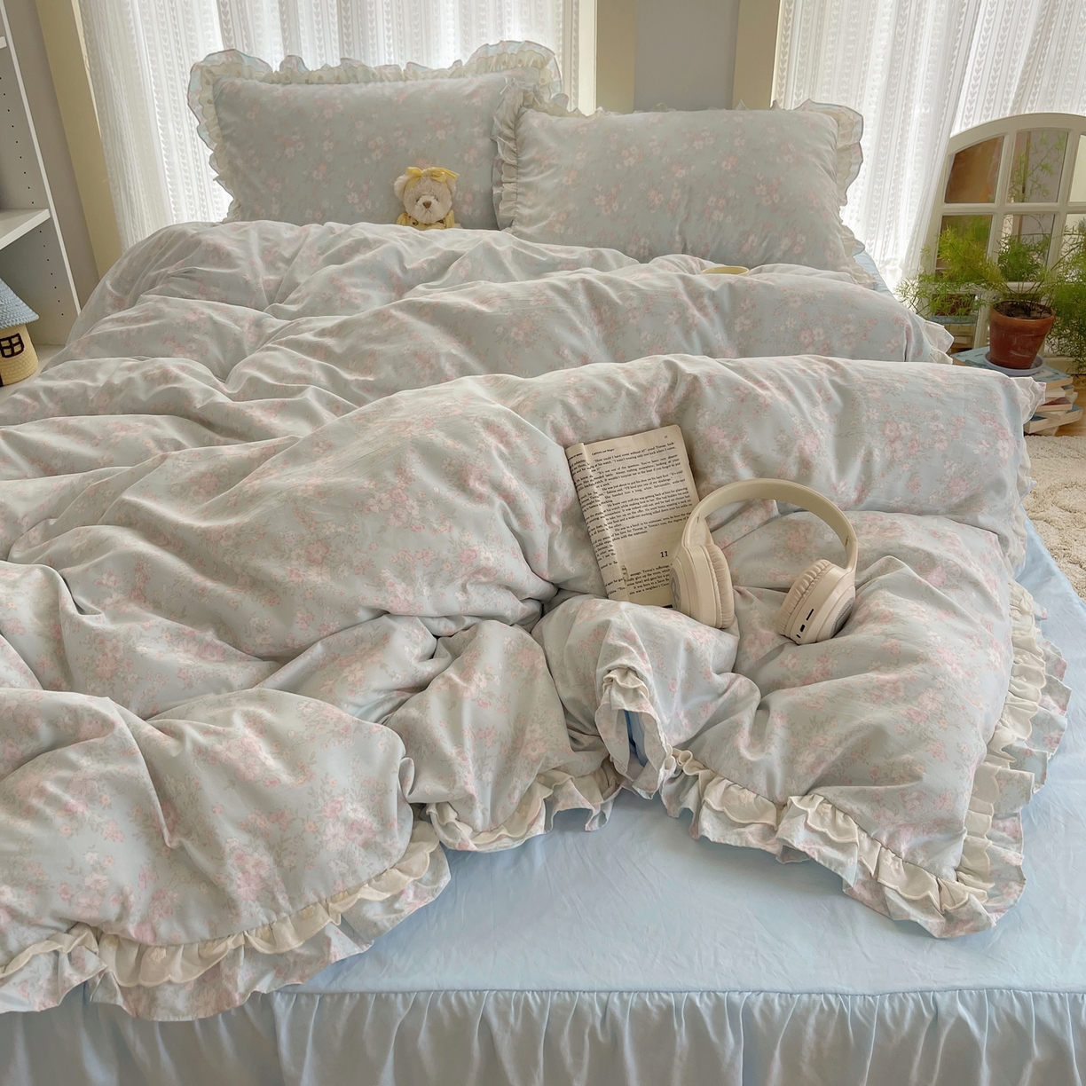 91家纺网 家纺一手货源 找家纺 轻奢坊 2025新款双层花边仙仙碎花水洗棉四件套 花开半夏-蓝