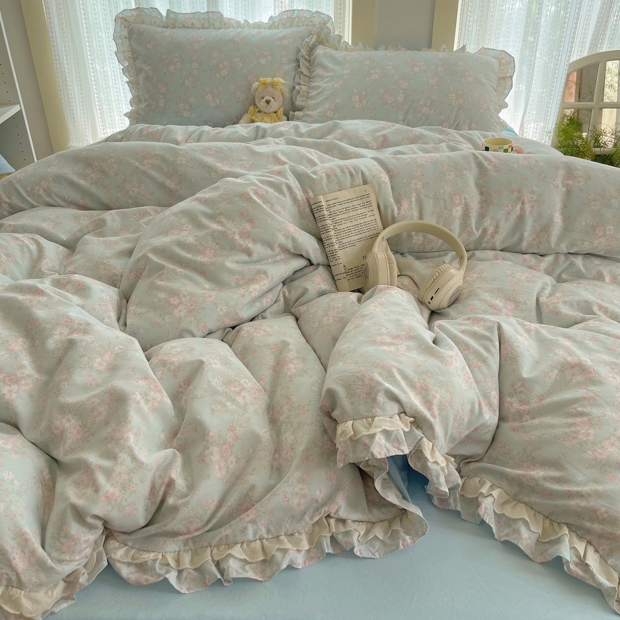 91家纺网 家纺一手货源 找家纺 轻奢坊 2025新款双层花边仙仙碎花水洗棉四件套 花开半夏-蓝