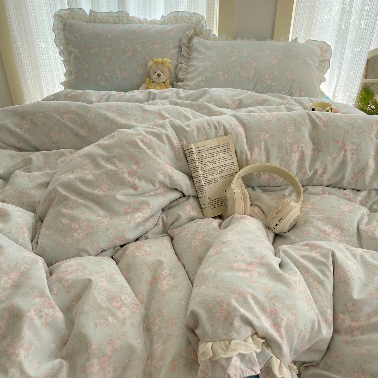 91家纺网 家纺一手货源 找家纺 轻奢坊 2025新款双层花边仙仙碎花水洗棉四件套 花开半夏-蓝