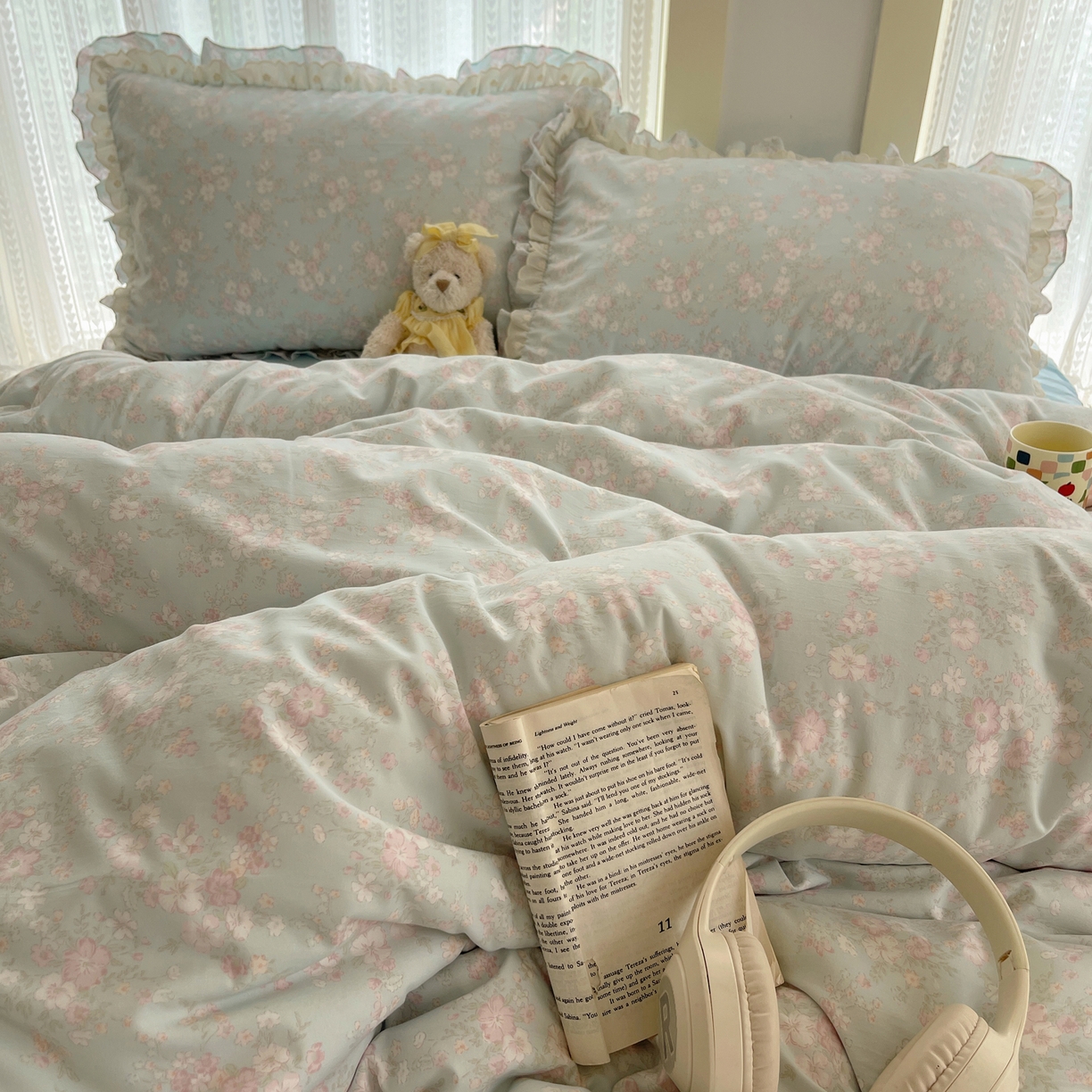 91家纺网 家纺一手货源 找家纺 轻奢坊 2025新款双层花边仙仙碎花水洗棉四件套 花开半夏-蓝