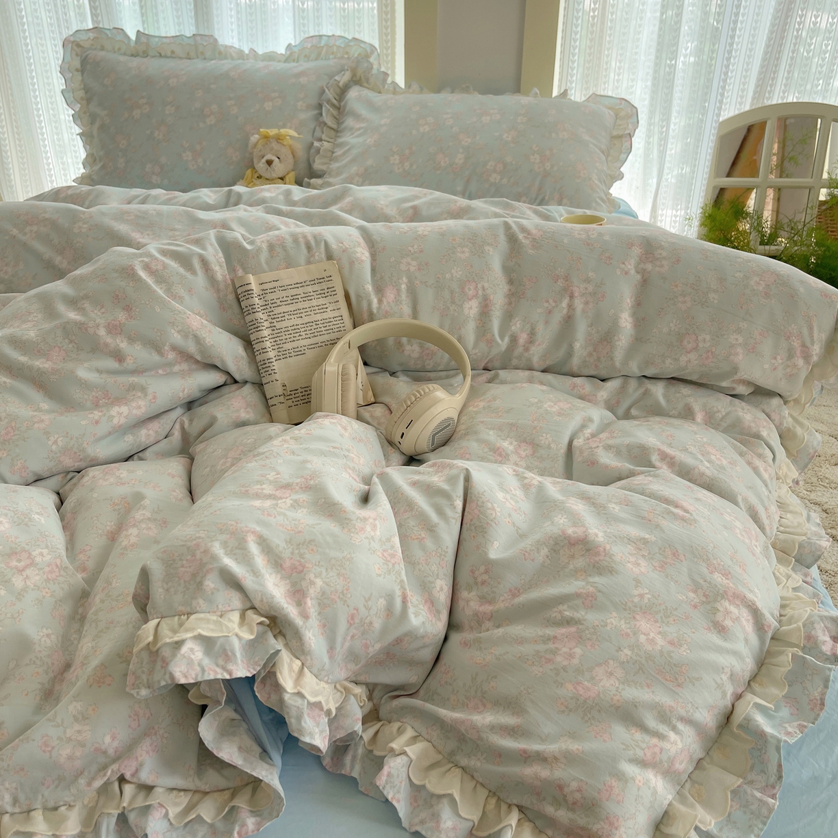 91家纺网 家纺一手货源 找家纺 轻奢坊 2025新款双层花边仙仙碎花水洗棉四件套 花开半夏-蓝