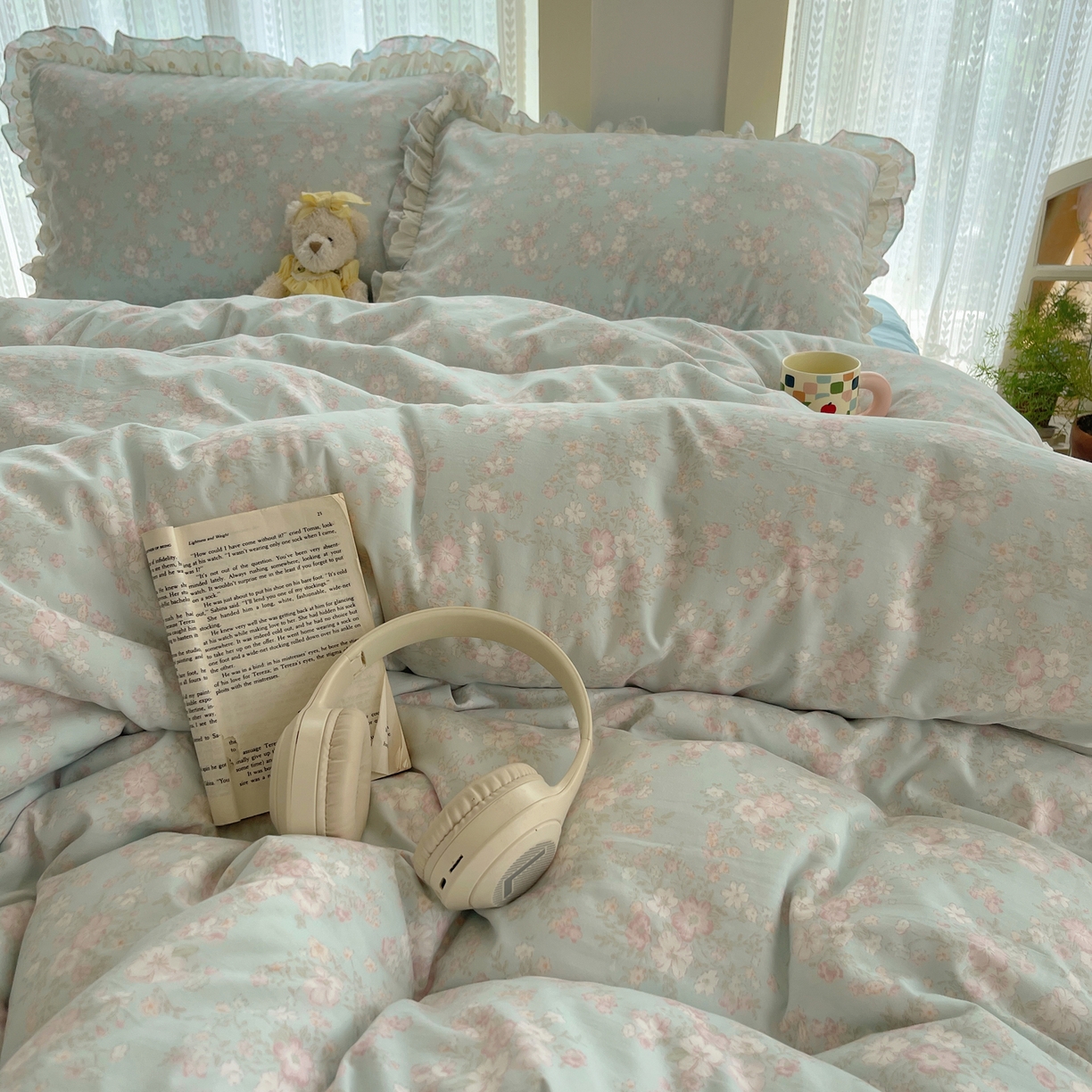 91家纺网 家纺一手货源 找家纺 轻奢坊 2025新款双层花边仙仙碎花水洗棉四件套 花开半夏-蓝