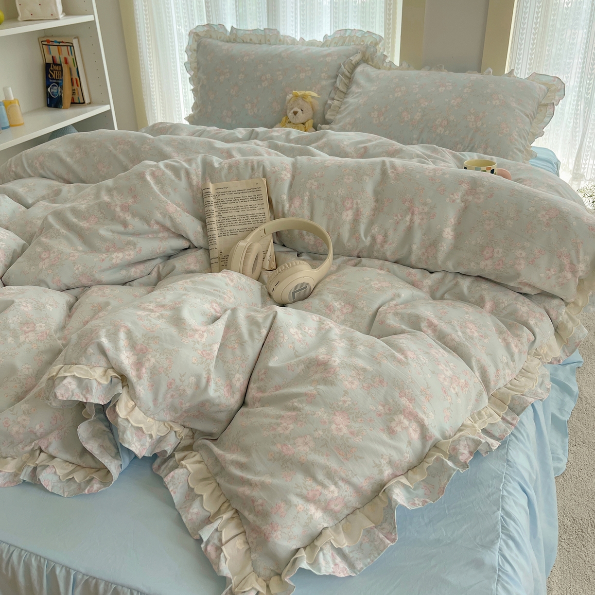 91家纺网 家纺一手货源 找家纺 轻奢坊 2025新款双层花边仙仙碎花水洗棉四件套 花开半夏-蓝