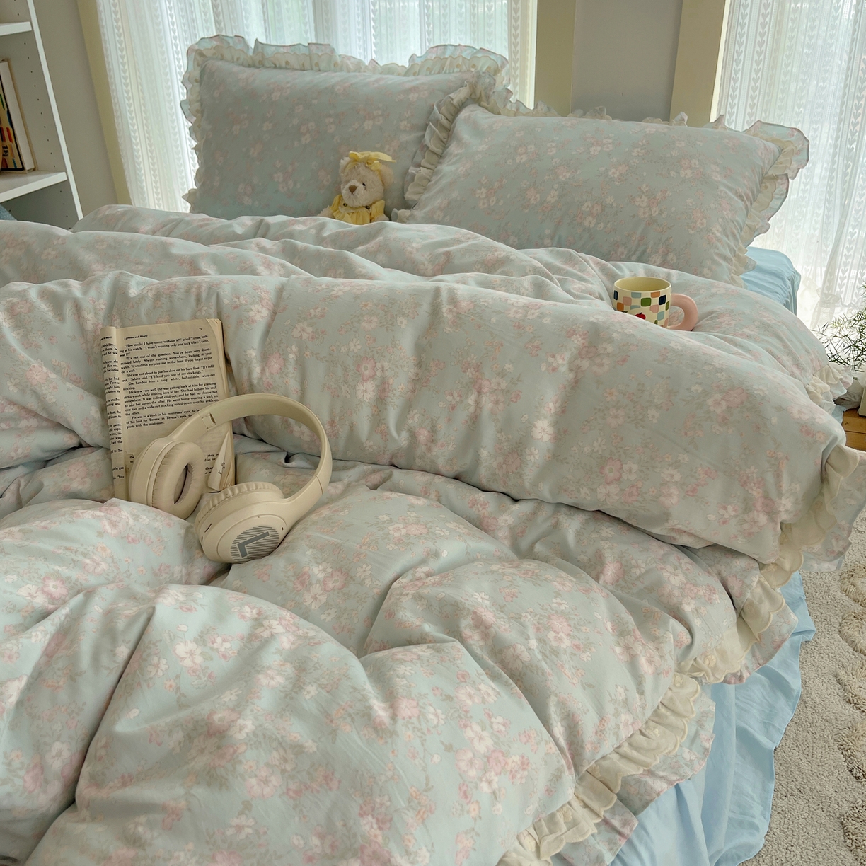 91家纺网 家纺一手货源 找家纺 轻奢坊 2025新款双层花边仙仙碎花水洗棉四件套 花开半夏-蓝