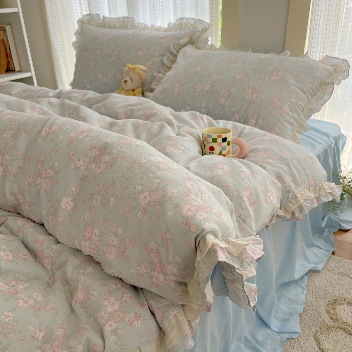 91家纺网 家纺一手货源 找家纺 轻奢坊 2025新款双层花边仙仙碎花水洗棉四件套 花开半夏-蓝