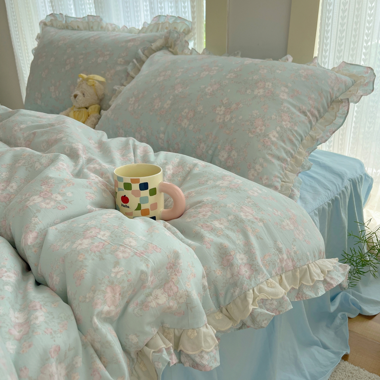 91家纺网 家纺一手货源 找家纺 轻奢坊 2025新款双层花边仙仙碎花水洗棉四件套 花开半夏-蓝