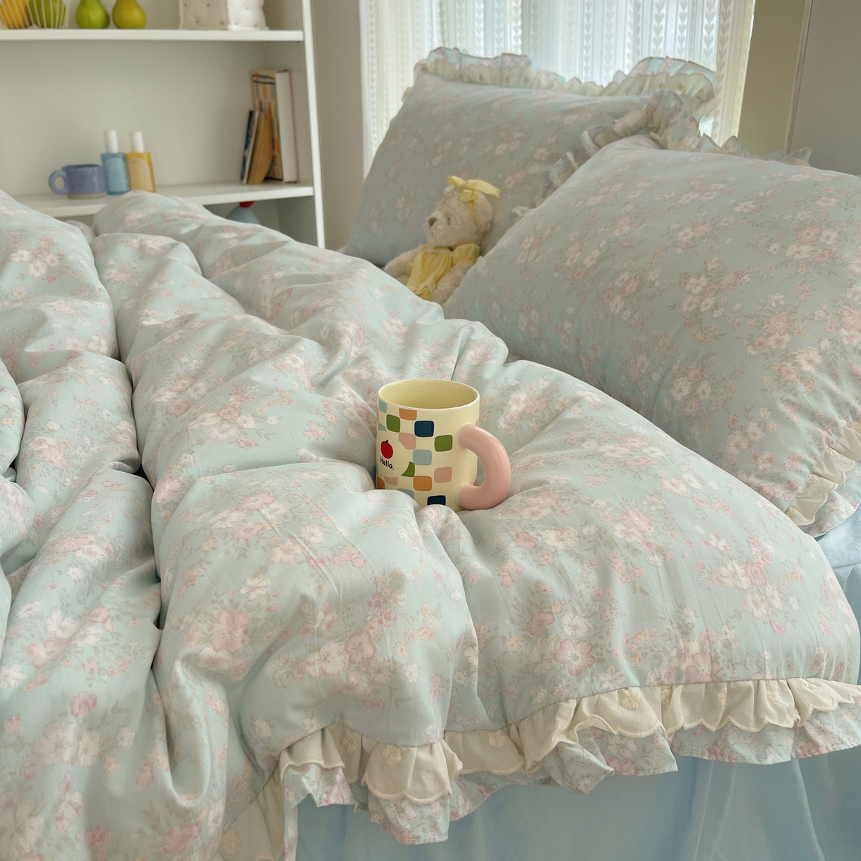 91家纺网 家纺一手货源 找家纺 轻奢坊 2025新款双层花边仙仙碎花水洗棉四件套 花开半夏-蓝