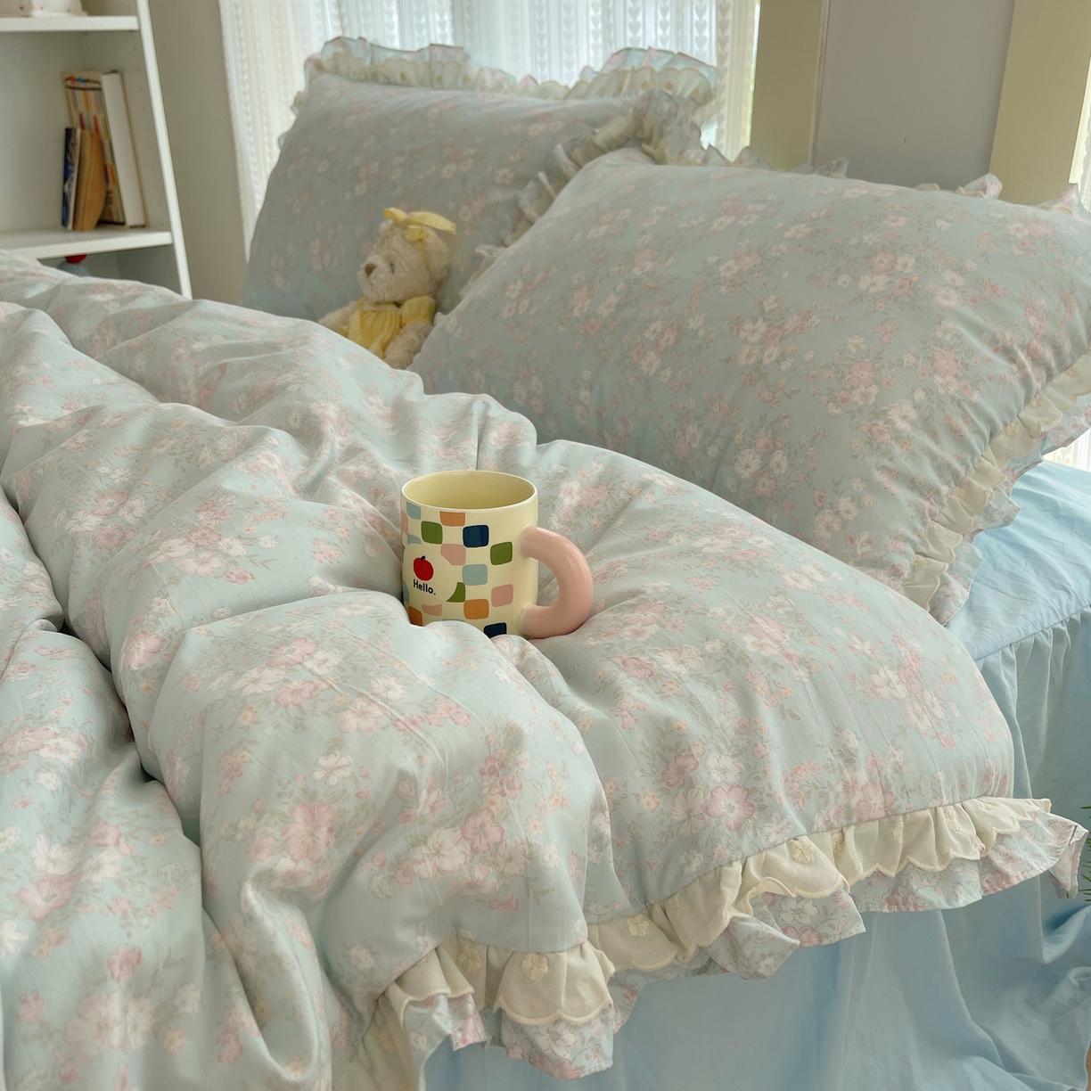 91家纺网 家纺一手货源 找家纺 轻奢坊 2025新款双层花边仙仙碎花水洗棉四件套 花开半夏-蓝