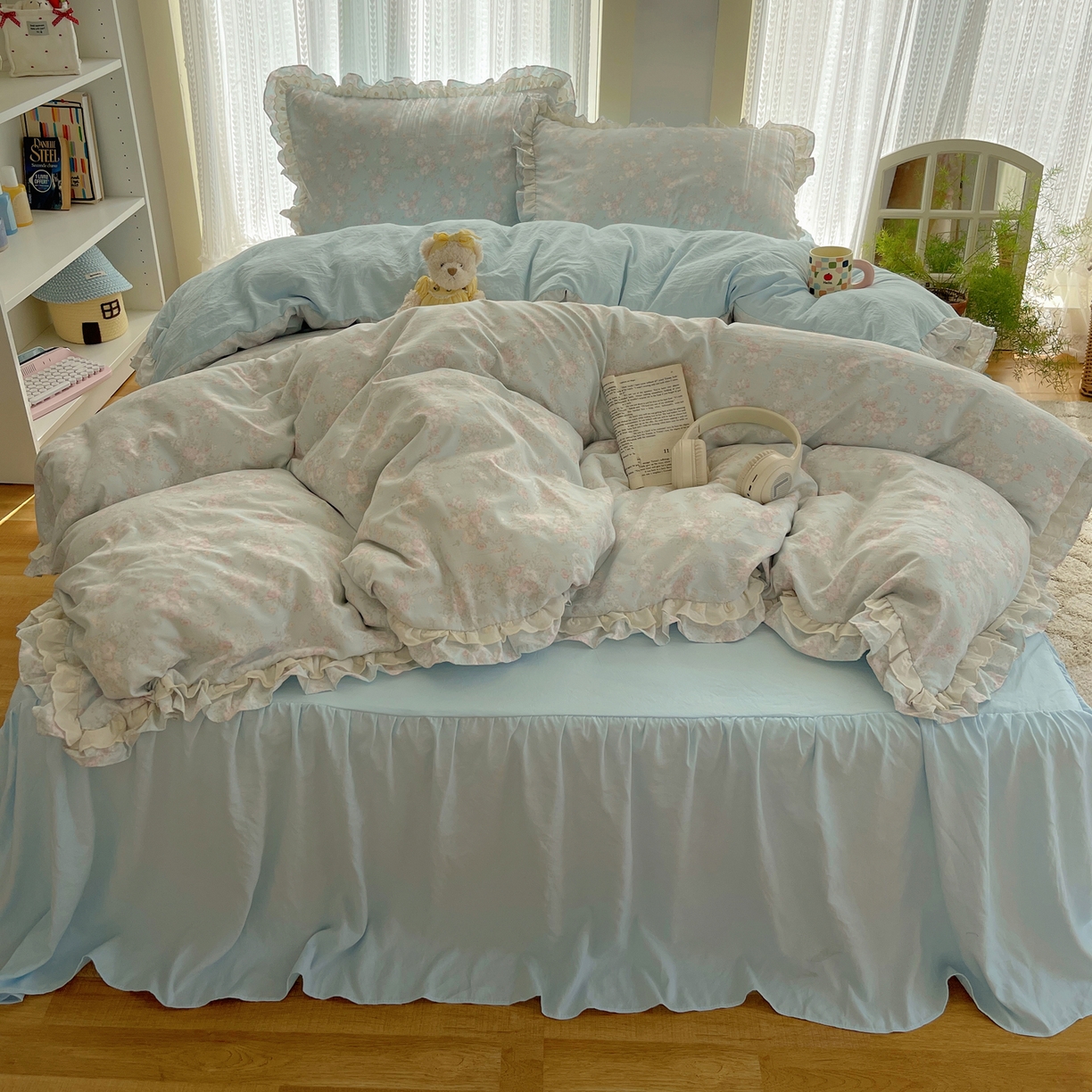 91家纺网 家纺一手货源 找家纺 轻奢坊 2025新款双层花边仙仙碎花水洗棉四件套 花开半夏-蓝