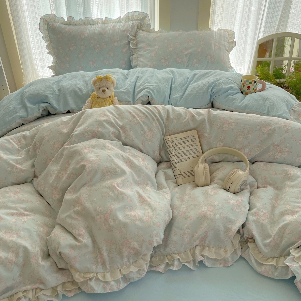 91家纺网 家纺一手货源 找家纺 轻奢坊 2025新款双层花边仙仙碎花水洗棉四件套 花开半夏-蓝